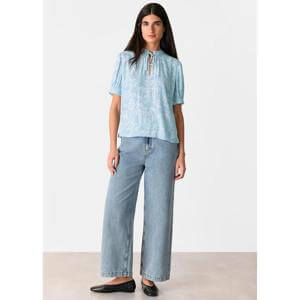 Whistles Blue Bamboo Leaves Tie Neck Blouse